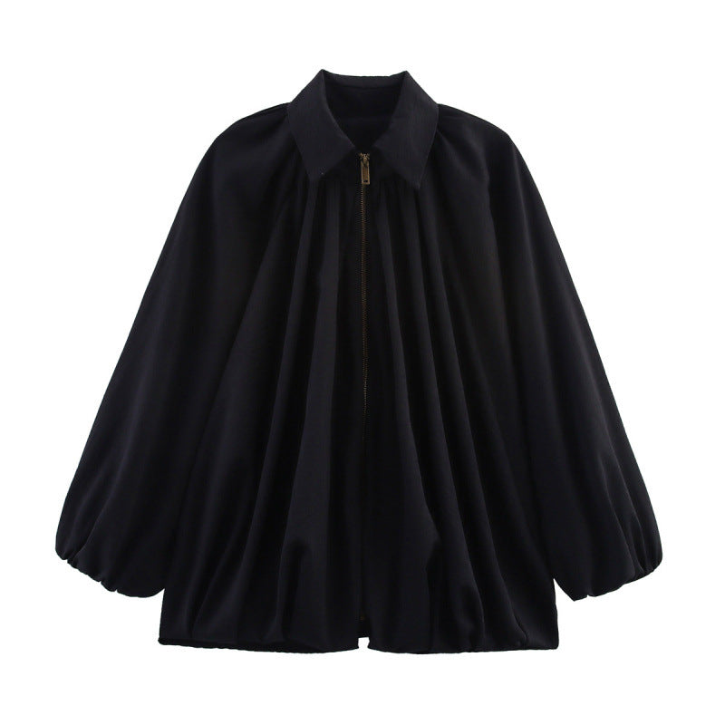 Damen Oversize Plissée-Hemdbluse mit Frontreißverschluss, Kellerfalten und Ballonärmeln Echo Archiv