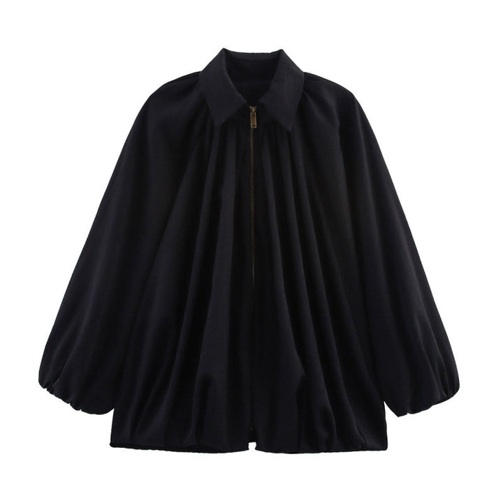 Damen Oversize Plissée-Hemdbluse mit Frontreißverschluss, Kellerfalten und Ballonärmeln Echo Archiv