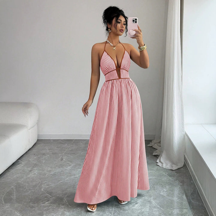 Damen Gestreiftes Neckholder-Maxikleid mit tiefem V-Ausschnitt und Taillen-Cut-Out – Valéora