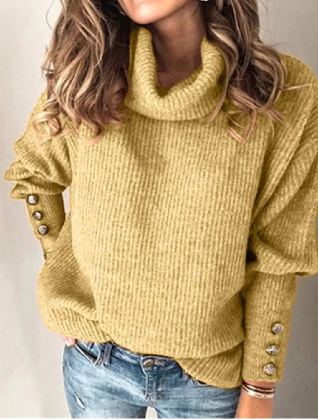 Damen Oversize-Rollkragenpullover mit Strukturstrick und Zierknöpfen Echo Archiv