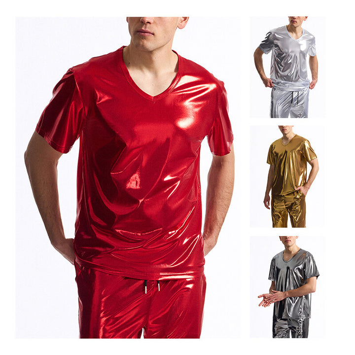 Herren glänzendes V-Ausschnitt T-Shirt im metallischen Look Echoarchiv