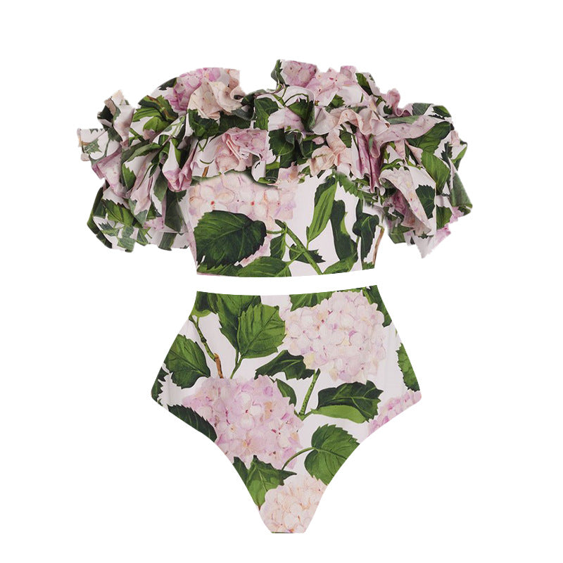 Damen Einteiler Badeanzug mit voluminösen Rüschendetails und floralem Design Echo Archiv