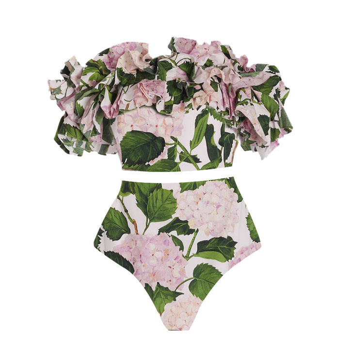 Damen Einteiler Badeanzug mit voluminösen Rüschendetails und floralem Design Echo Archiv