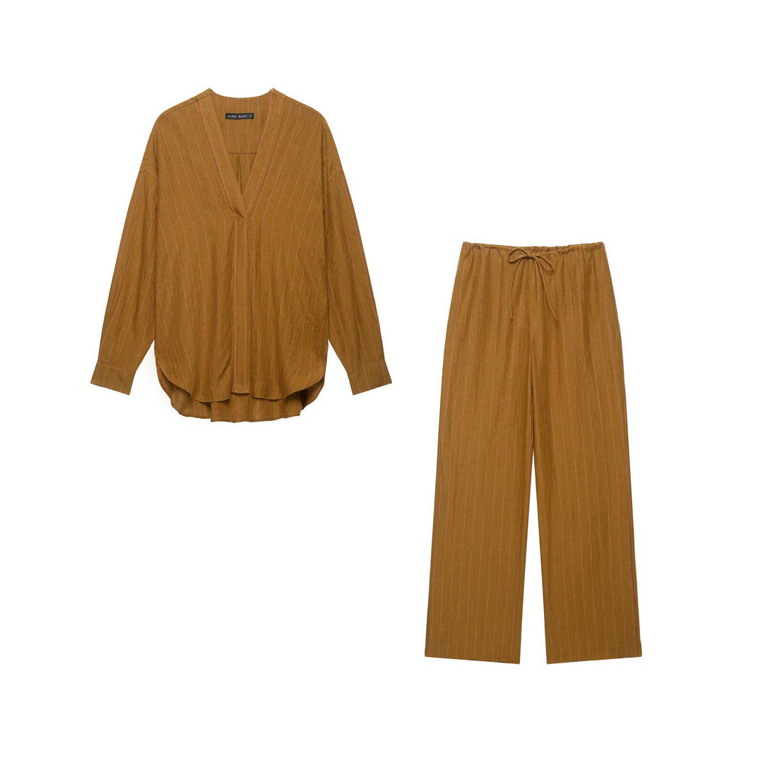 Damen Oversize Streifenbluse mit tiefem V‑Ausschnitt und gerundetem Saum Echo Archiv