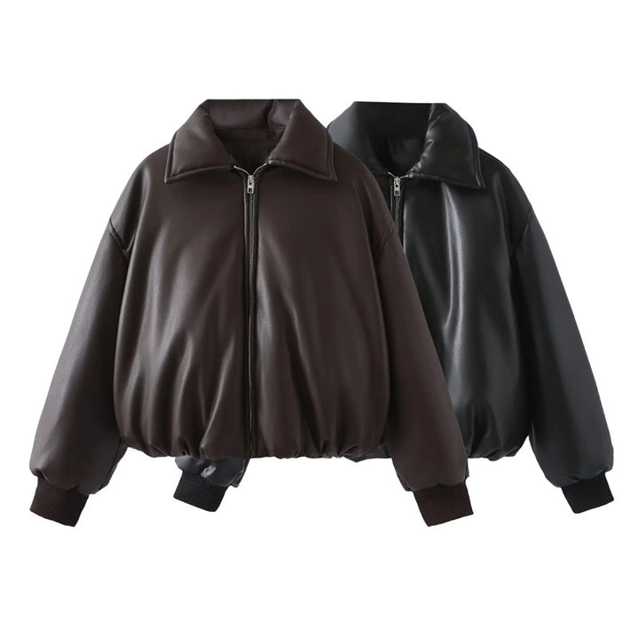 Damen nan gepolsterte Cropped Kunstleder-Bomberjacke mit Hemdkragen elastischem Saum und Rippbündchen Echo Archiv