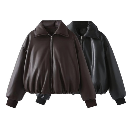 Damen nan gepolsterte Cropped Kunstleder-Bomberjacke mit Hemdkragen elastischem Saum und Rippbündchen Echo Archiv
