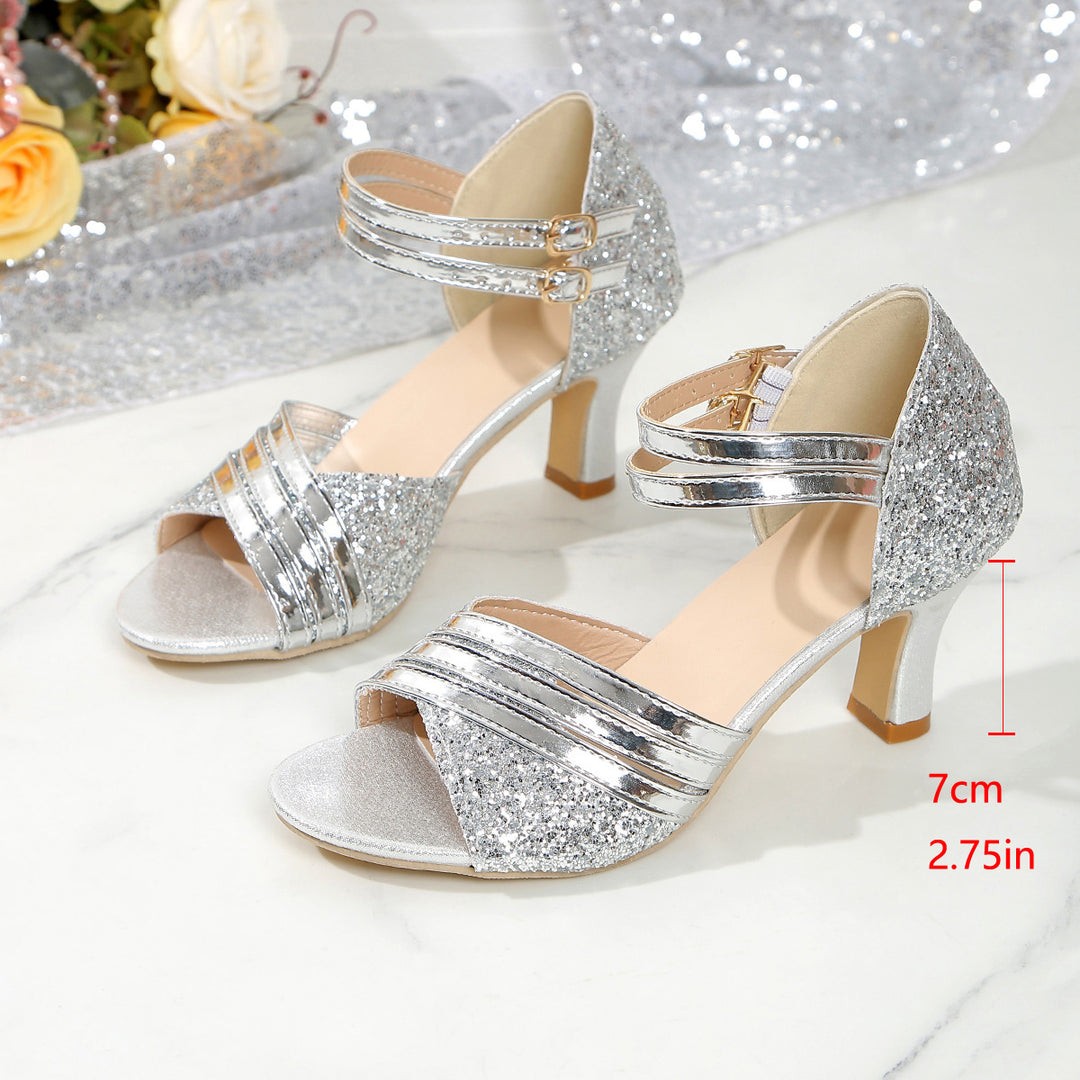 Damen nan schimmernde Abend-Sandalette mit feinem Glitzerbesatz, doppeltem Knöchelriemen und elegantem Mittelhochabsatz Echo Archiv