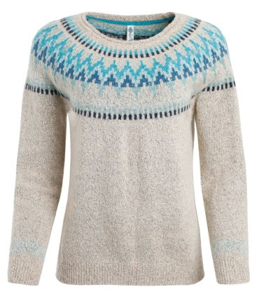 Damen nan melierter Rundhalsausschnittpullover mit kreisförmigem Jacquard-Yoke und geripptem Saum Echo Archiv