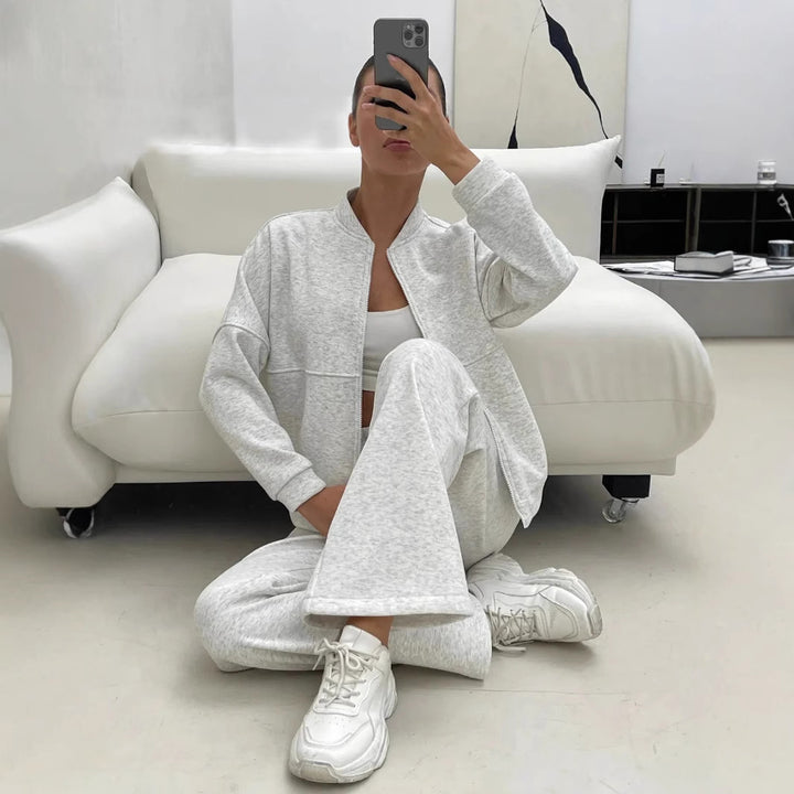 Damen lässiges Zip-Lounge-Set mit Stehkragen und weitem Highwaist-Joggpant – Auréline