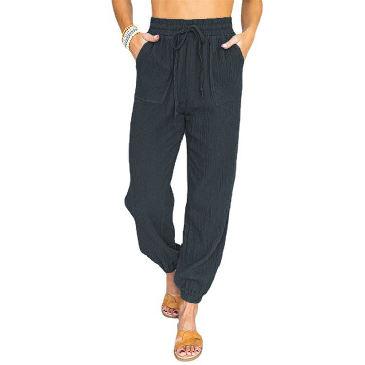 Damen nan leichte Leinenoptik Freizeit-Hose mit hohem elastischem Bund, Kordelzug, aufgesetzten Taschen und elastischen Knöchelbündchen Echo Archiv