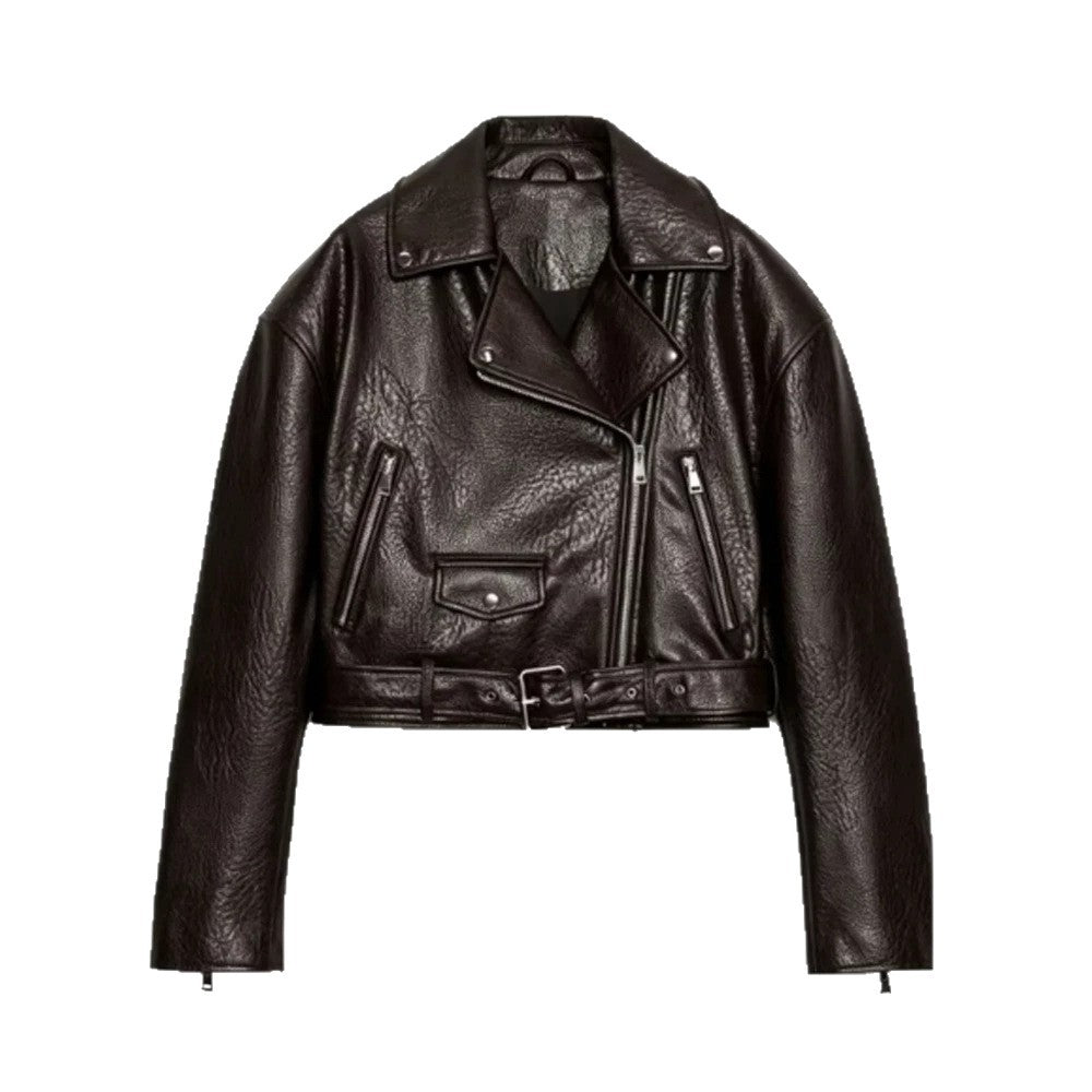Damen Kurz geschnittene Bikerjacke aus Kunstleder mit Taillengürtel und asymmetrischem Reißverschluss Echoarchiv