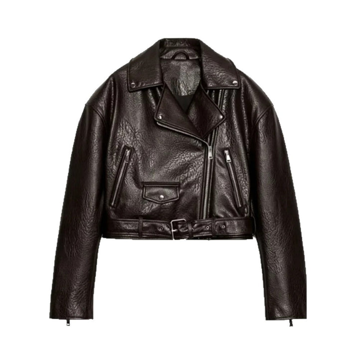 Damen Kurz geschnittene Bikerjacke aus Kunstleder mit Taillengürtel und asymmetrischem Reißverschluss Echoarchiv