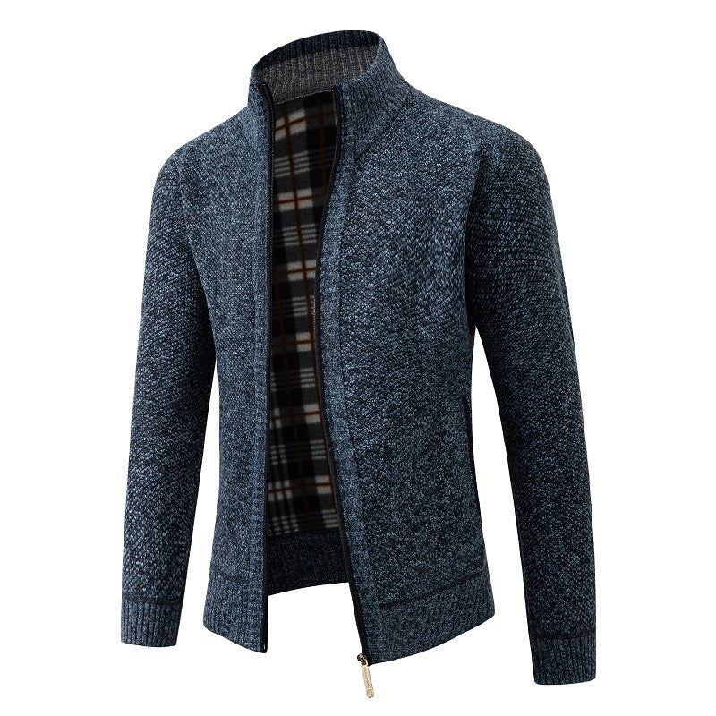 Herren Strukturiertes Zip-Strickjacke mit Karo‑Fleece‑Futter und Stehkragen Echo Archiv