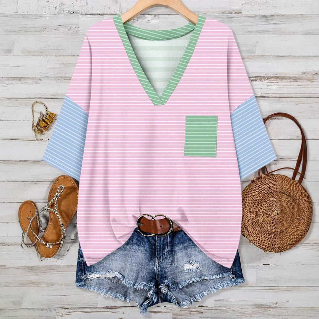 Damen lässiges V-Neck T-Shirt mit Streifen-Design Echoarchiv