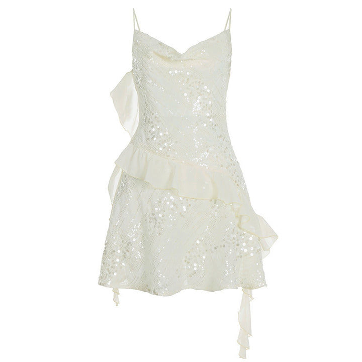 Damen Glänzendes Cocktailkleid mit Rüschendetails und Spaghettiträgern Echo Archiv