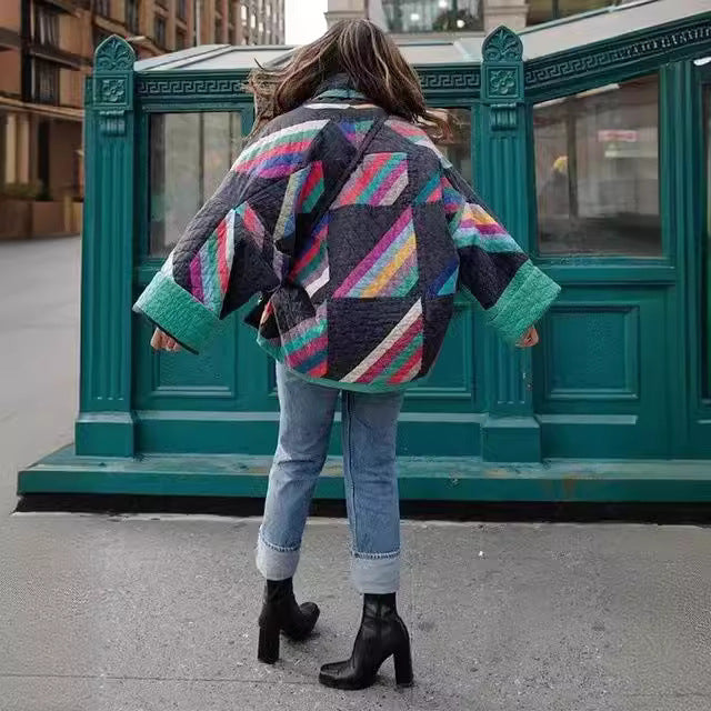 Damen wattierte Kimono-Steppjacke mit Patchwork-Design und weiten Ärmeln Echo Archiv