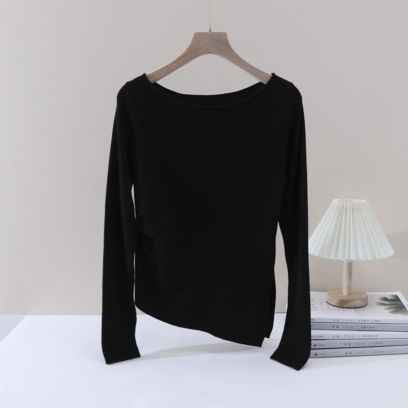 Damen Feines Rippenstrick-Longsleeve mit weitem U-Boot-Ausschnitt & seitlicher Raffung Echo Archiv