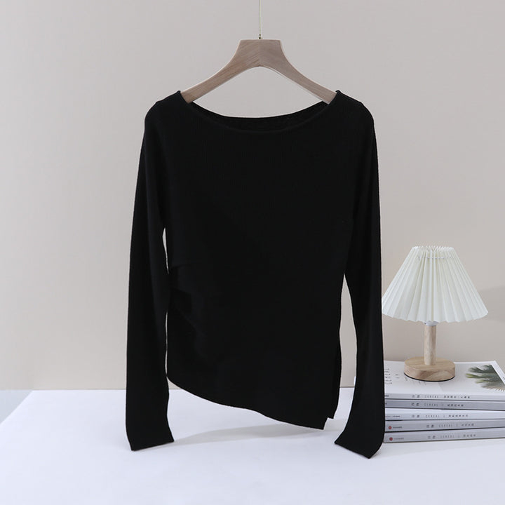 Damen Feines Rippenstrick-Longsleeve mit weitem U-Boot-Ausschnitt & seitlicher Raffung Echo Archiv