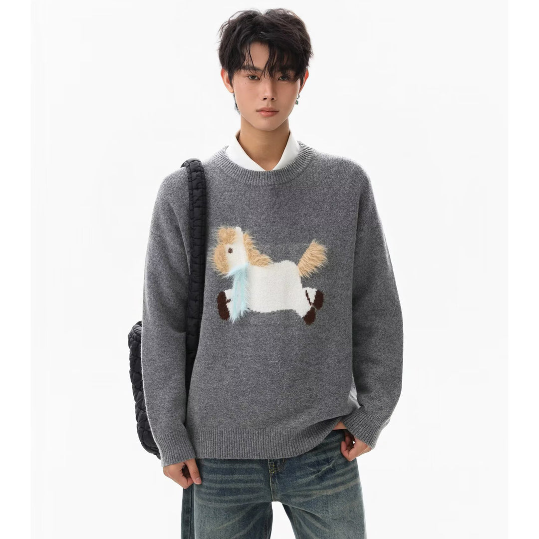 Herren Gemütlicher Grobstrickpullover mit Einhornmotiv Echoarchiv