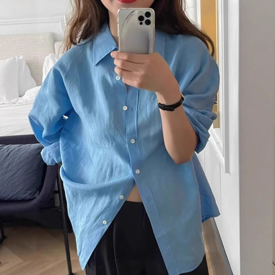 Damen Locker geschnittene Leinen‑Hemdbluse mit kastiger Silhouette und abgerundetem Saum – Élovi