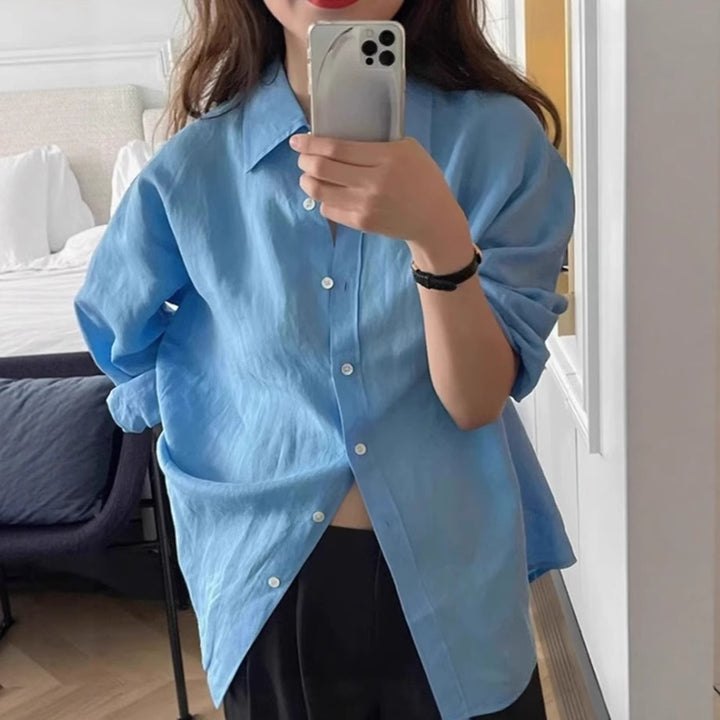Damen Locker geschnittene Leinen‑Hemdbluse mit kastiger Silhouette und abgerundetem Saum – Élovi