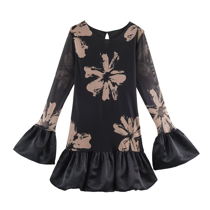 Damen Kurzes A-Linien-Kleid mit Blumenprint, transparenten Trompetenärmeln und Satinvolant Echoarchiv