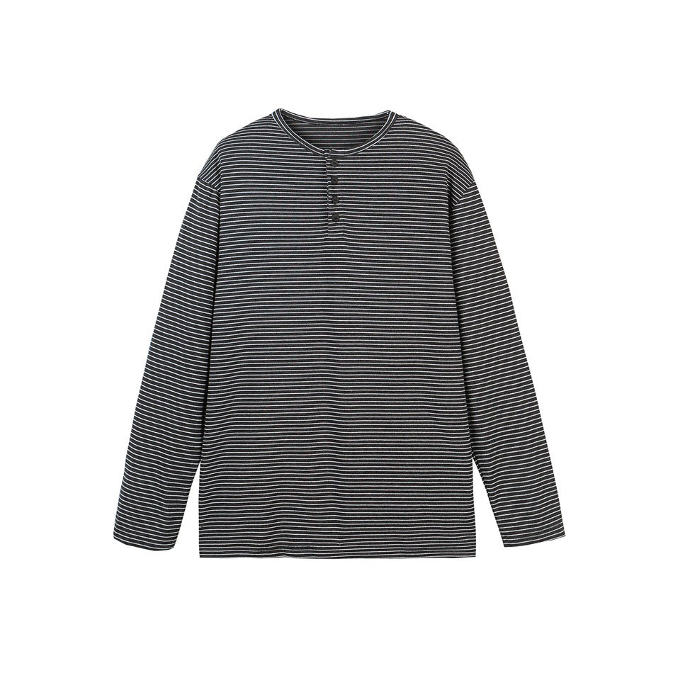 Unisex Gestreiftes Henley-Langarmshirt im Oversize-Relaxed-Schnitt mit Knopfleiste Echoarchiv