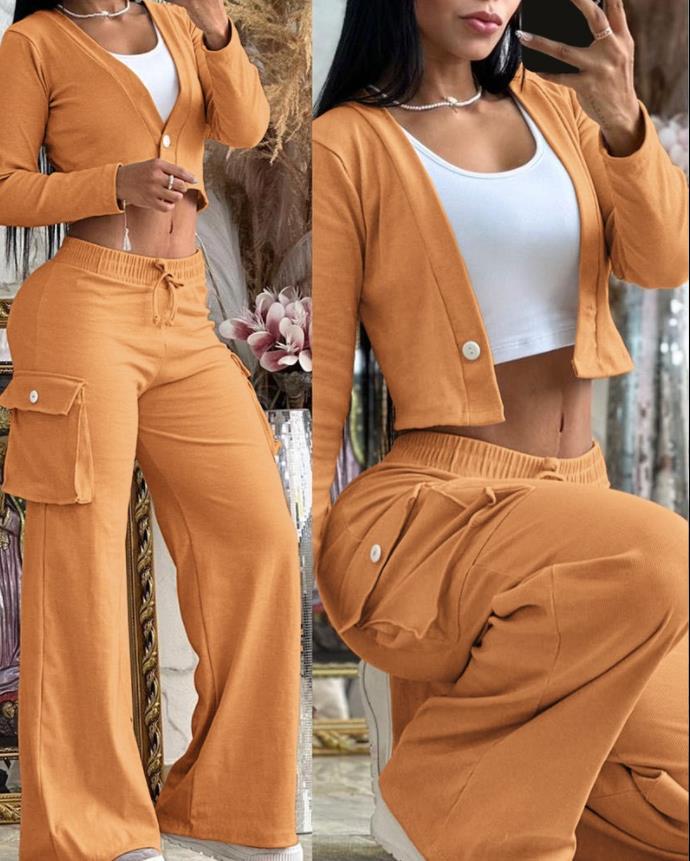 Damen Lounge-Set mit weicher Cargo-Sweathose mit weitem Bein und Cropped-Cardigan – Veloura