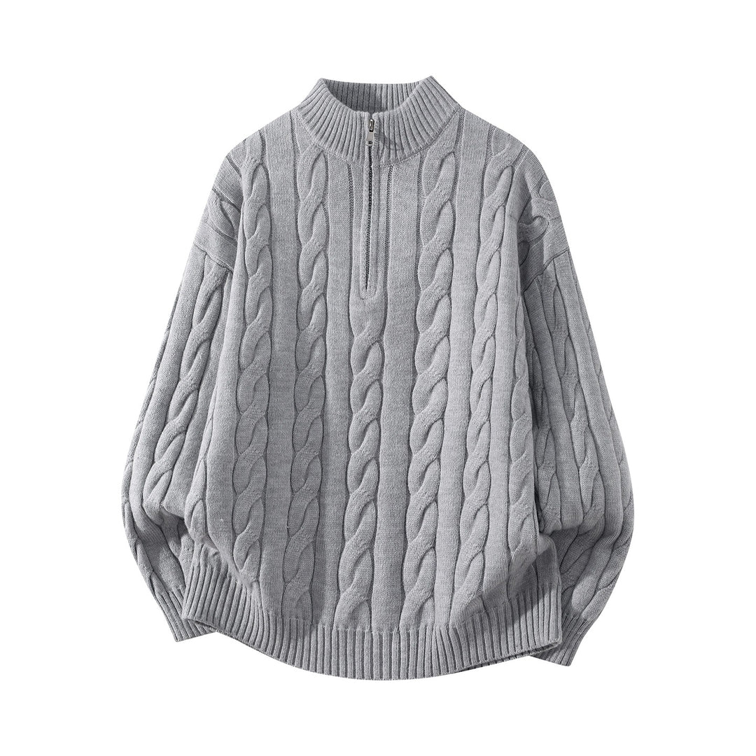 Damen Oversize Zopfmuster-Halbreißverschluss-Pullover mit Ballonärmeln und Stehkragen Echoarchiv