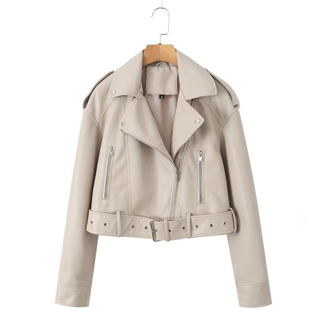 Damen taillierte Kunstleder-Bikerjacke mit Gürtel Echo Archiv