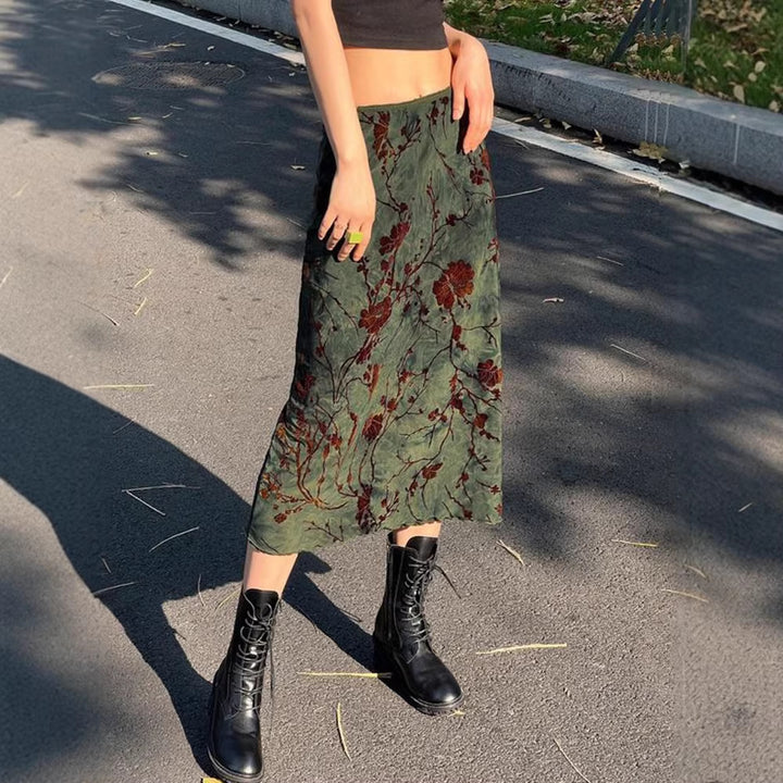 Damen Satin Midirock mit floraler Samtapplikation und schmaler Silhouette Echo Archiv