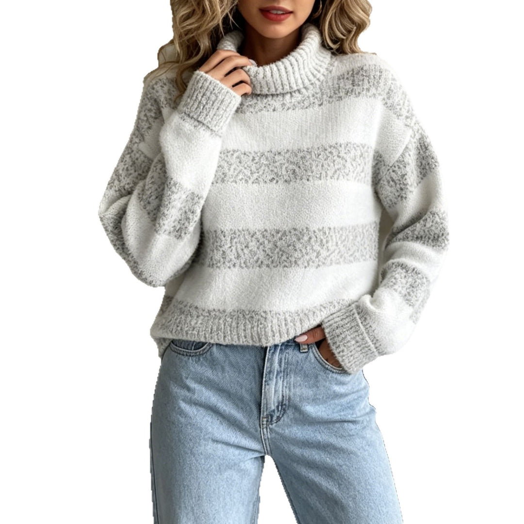 Damen Rollkragenpullover mit breiten Streifen und strukturiertem Bouclé-Strick – Mavelle