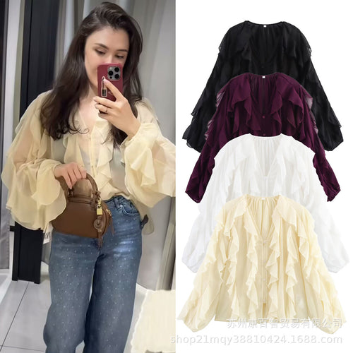 Damen Volant-Chiffonbluse mit V‑Ausschnitt, Knopfleiste und Ballonärmeln Echo Archiv