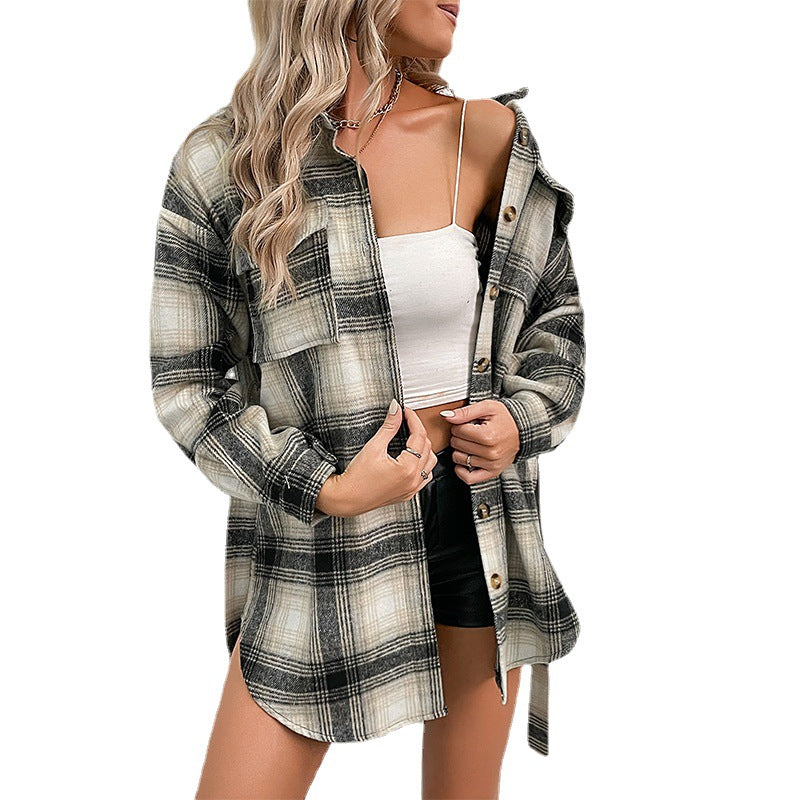 Damen Kariertes Longline-Hemdmantel mit Knopfleiste und Taillengürtel Echoarchiv