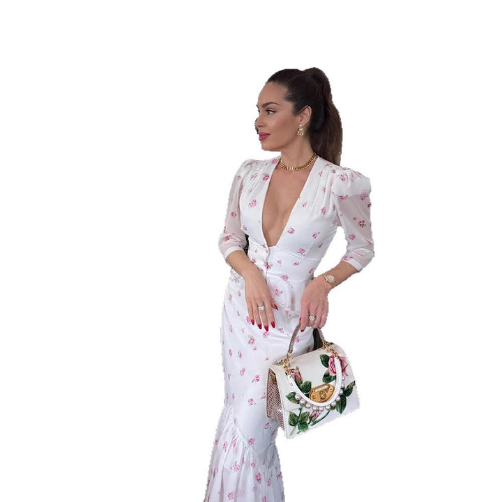 Damen Florales Satin-Midikleid mit tiefem V-Ausschnitt, Puffärmeln und taillierter Raffung Echoarchiv