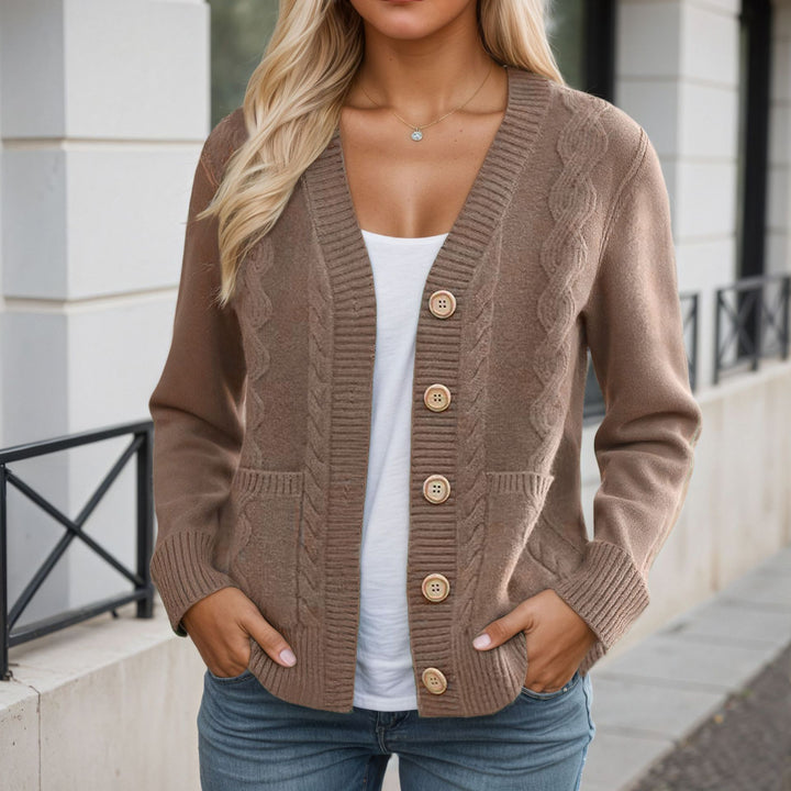 Damen nan längerer Strickcardigan mit Kabelstruktur, V-Ausschnitt und Holzknopfleiste Echo Archiv