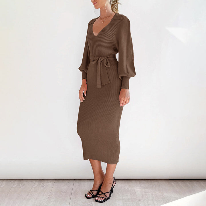 Damen Figurbetontes Rippstrick Midikleid mit V Ausschnitt Schalkragen Ballonärmeln und Bindegürtel Echoarchiv