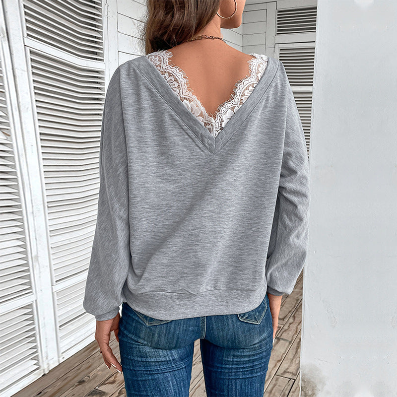 Damen Oversized Wickel-Longsleeve mit Spitzenblende und weitem Arm Echoarchiv