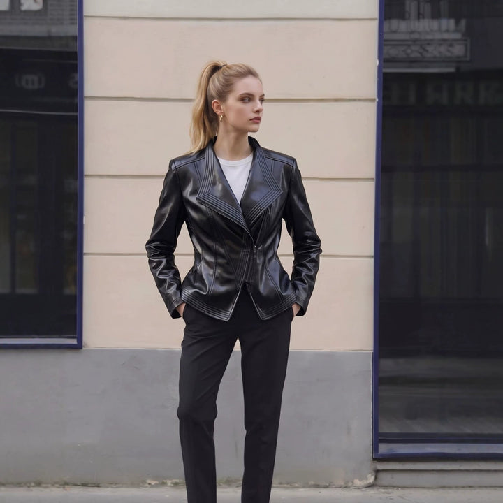 Damen Modische Kunstlederjacke mit asymmetrischem Reißverschluss Echo Archiv