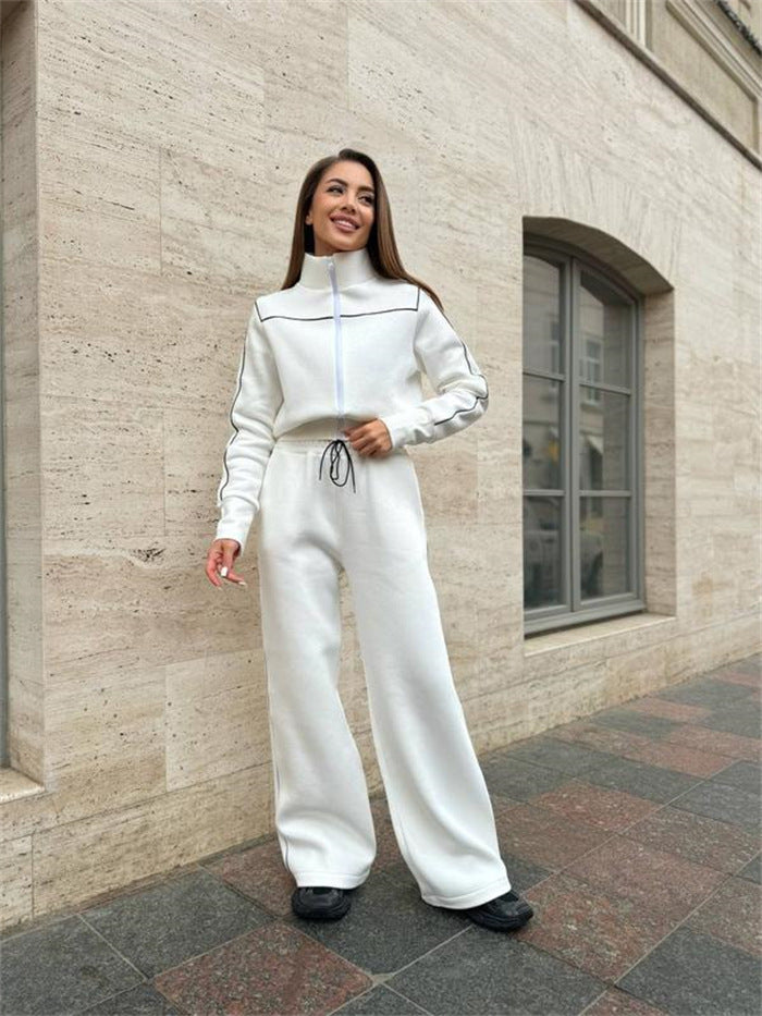 Damen Zweiteiliges Jogginganzug-Set mit Stehkragen, Kontrastpaspel und weitem Bein – Avérine