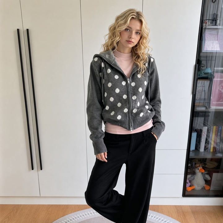 Damen Kapuzenjacke mit Reißverschluss, gewaschener Vintage-Optik & dezenter Punkte-Applikation Echoarchiv