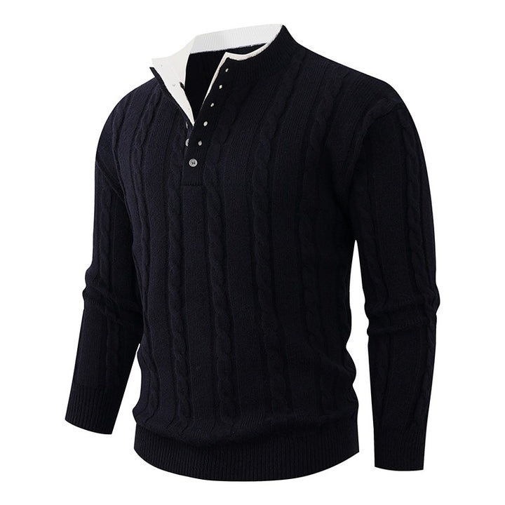 Herren Strukturierter Zopfstrick-Pullover mit Knopfleiste und Stehkragen Echo Archiv