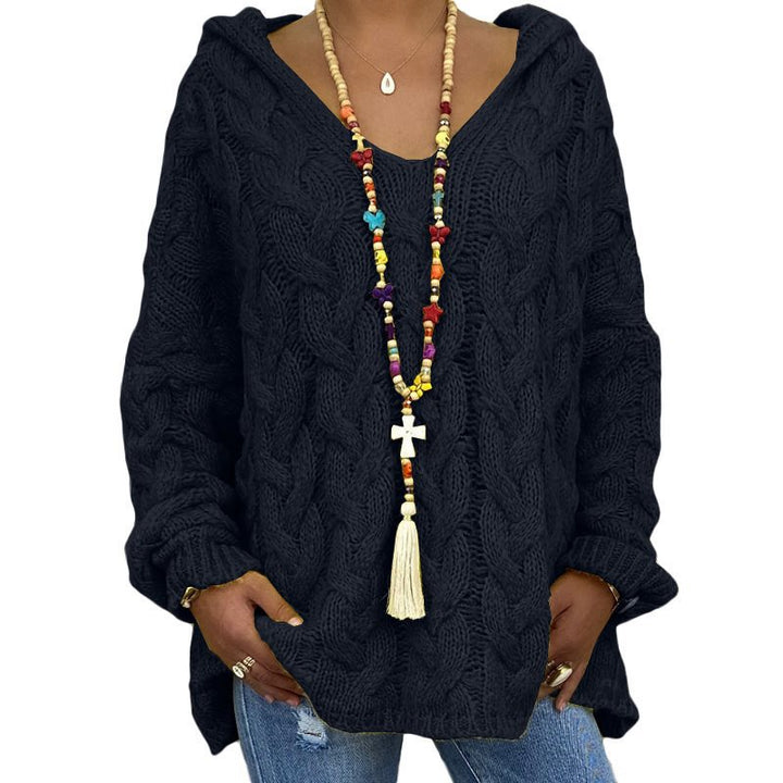 Damen Oversized Zopfmuster-Strickpullover mit Kapuze und lässigem V‑Ausschnitt Echo Archiv