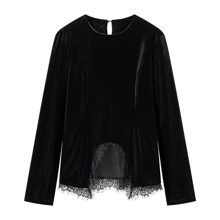 Damen Samtshirt mit asymmetrischem Spitzen-Saum und Schlitzdetail Echo Archiv