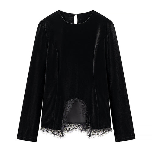 Damen Samtshirt mit asymmetrischem Spitzen-Saum und Schlitzdetail Echo Archiv
