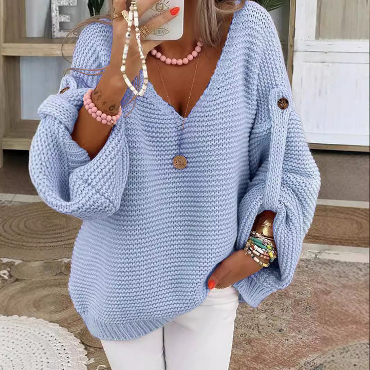 Damen weiter Strickpullover mit V-Ausschnitt, Ballonärmeln und Knopfdetail Echo Archiv