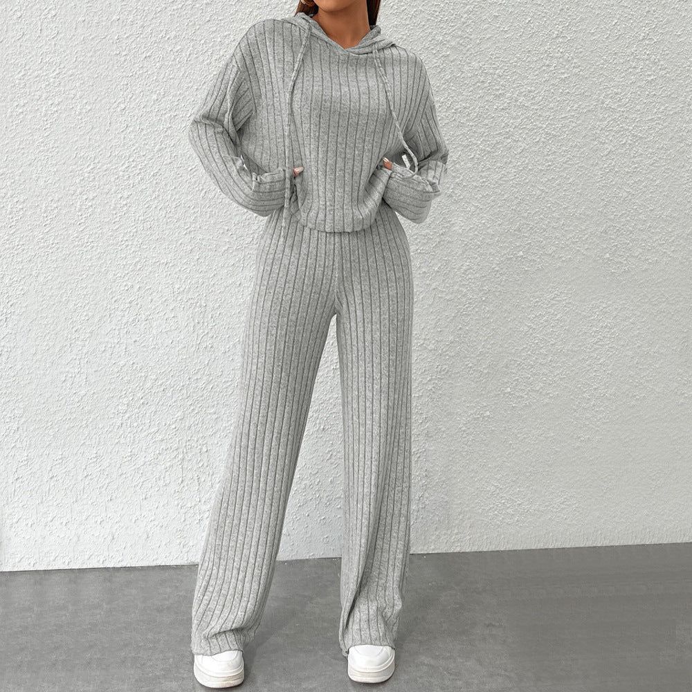 Damen geripptes Lounge-Set mit Kapuzenpullover und weiter Highwaist-Hose – Avérine