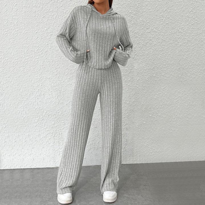 Damen geripptes Lounge-Set mit Kapuzenpullover und weiter Highwaist-Hose – Avérine