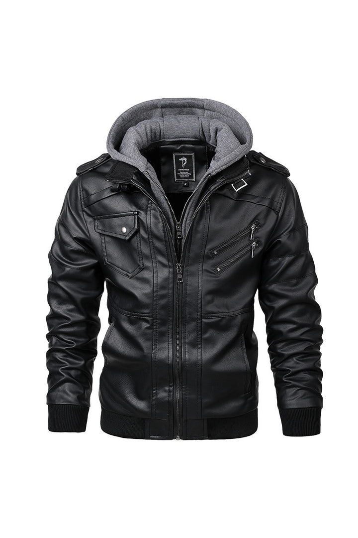 Herren Kunstleder-Bomberjacke mit Kapuze Fleece-Innenfutter und Multifachtaschen – Brevano
