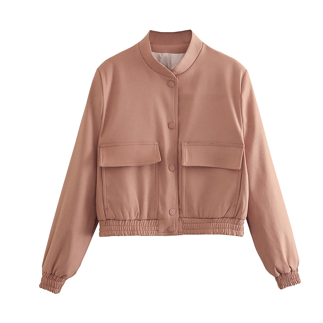 Damen Kurze Utility-Jacke mit Stehkragen, aufgesetzten Pattentaschen und Gummizugbund Echoarchiv